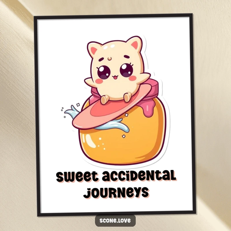 Funny scone character with wide eyes accidentally surfs a giant jam jar, a hilarious digital art print.