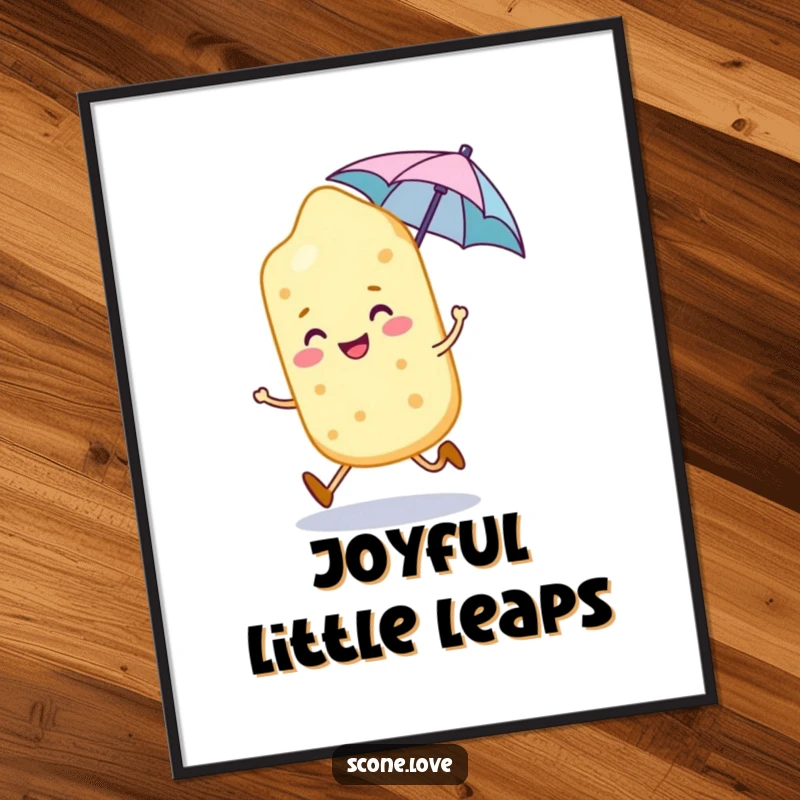 Funny smiling scone character skips with a tiny umbrella, a delightful digital art print for instant decor.
