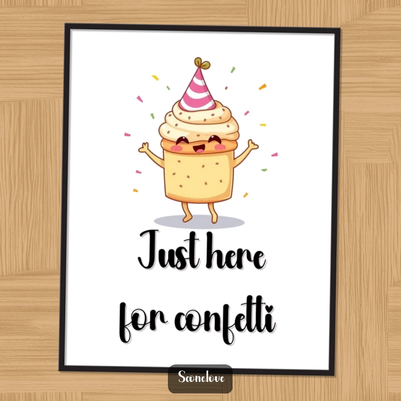 High-resolution digital art print of a funny scone in a party hat, dancing joyfully with confetti.