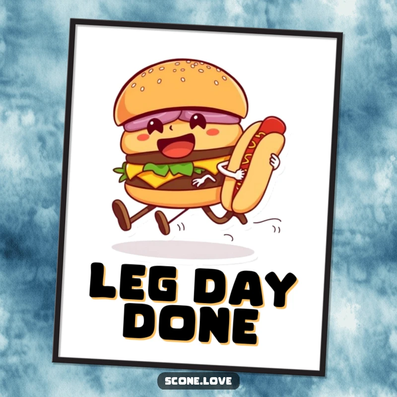 Funny digital art print capturing a hamburger and hot dog in a humorous race, perfect for instant download and playful home decoration.