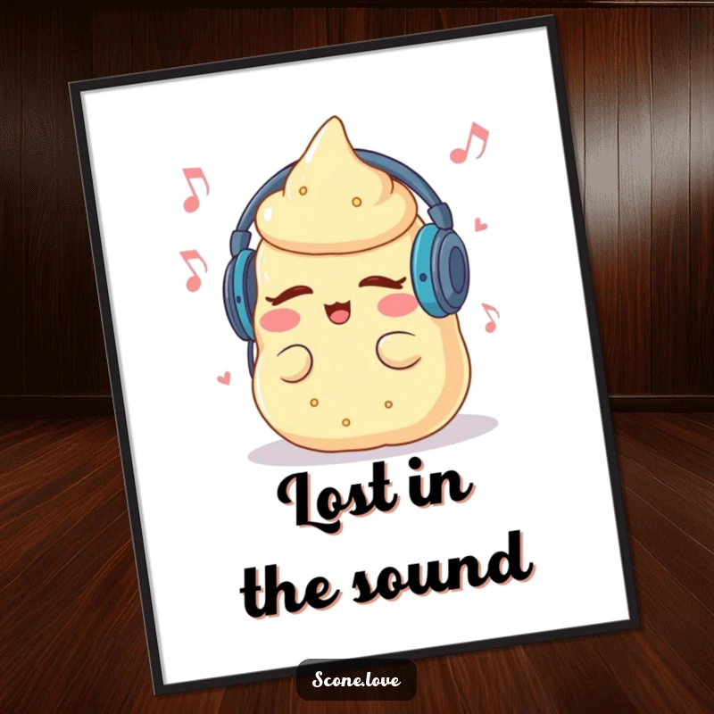 Funny digital art print of a scone with headphones, eyes closed, grooving to music, full of rhythm.