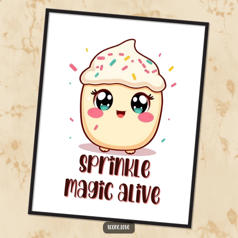 Funny digital art print of a kawaii scone character catching sprinkles, whimsical baked goods illustration, instant humorous wall decor gift.