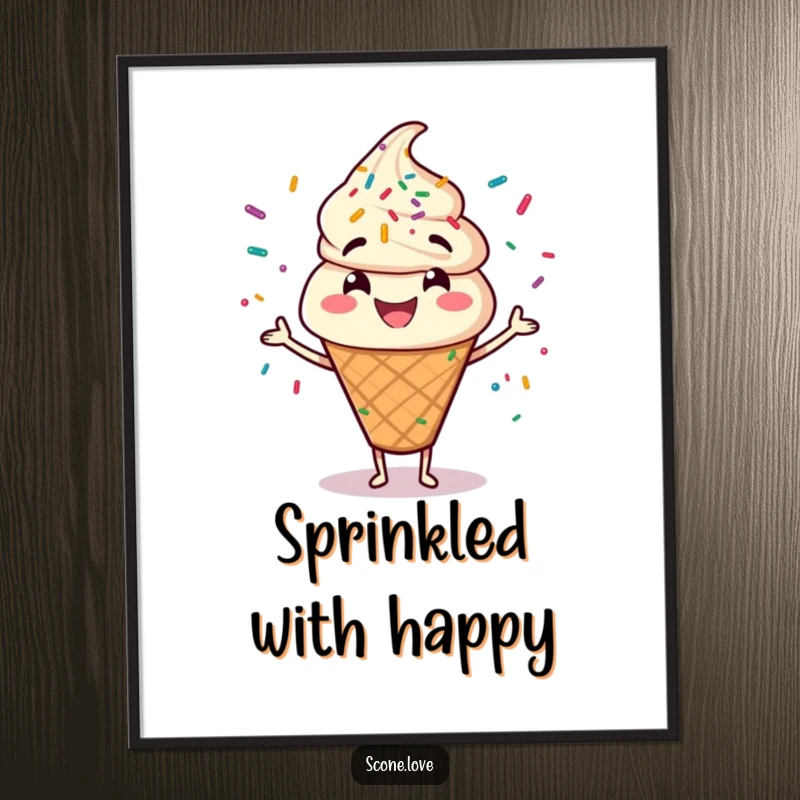 Funny digital art print of a happy scone character joyfully juggling an explosion of colorful sprinkles.
