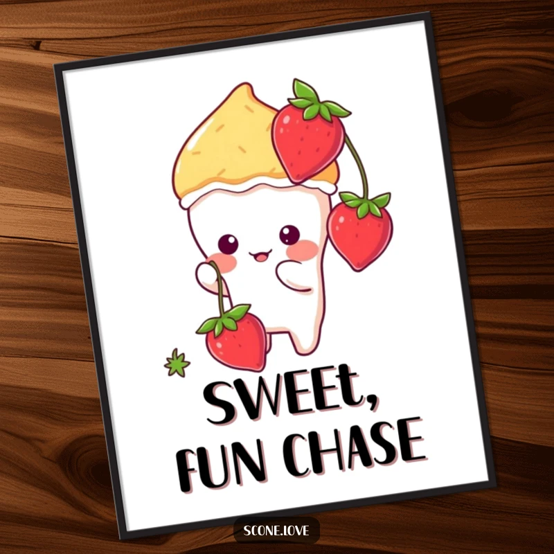 Funny kawaii scone character mid-action batting at a dangling strawberry, available as a high-resolution digital art print.