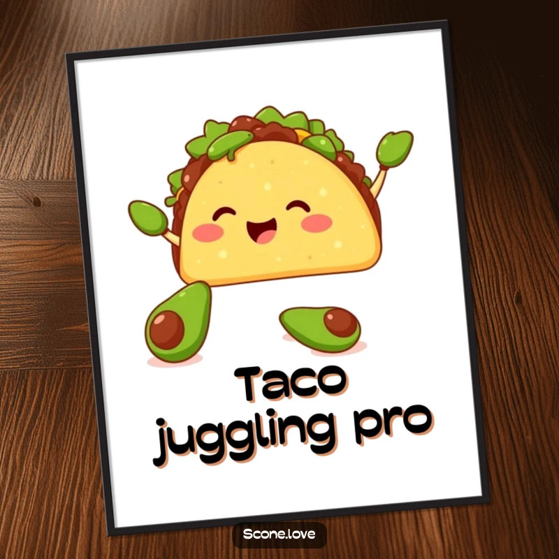 Funny digital art print of a happy taco juggling tiny avocados with its shell, for instant wall decor.
