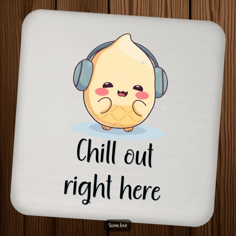 Funny kawaii scone character wearing earmuffs, humorously shivering in the cold, depicted on a protective drink coaster.