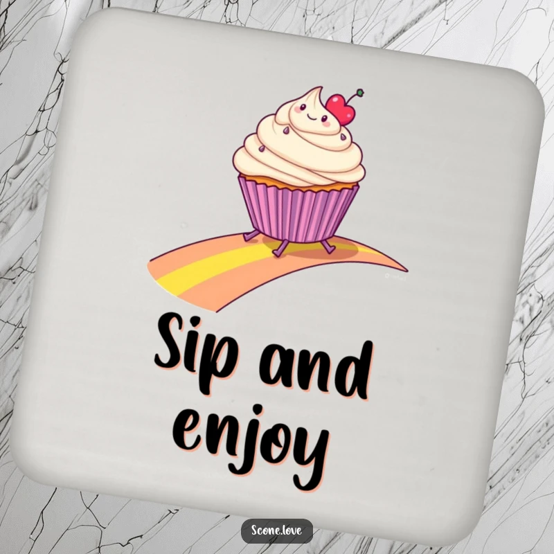 Funny drink coasters featuring cute cupcakes with tiny legs sliding down rainbows, protecting surfaces with humor.