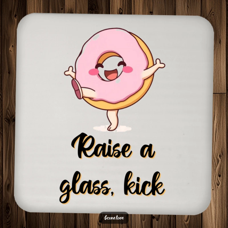 Funny drink coaster with a smiling donut joyfully kicking its legs upwards, adding a playful and protective touch to surfaces.