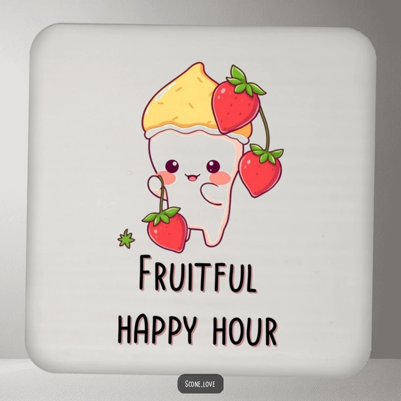 Funny kawaii scone character playfully batting at a dangling strawberry, depicted on a protective and decorative drink coaster.
