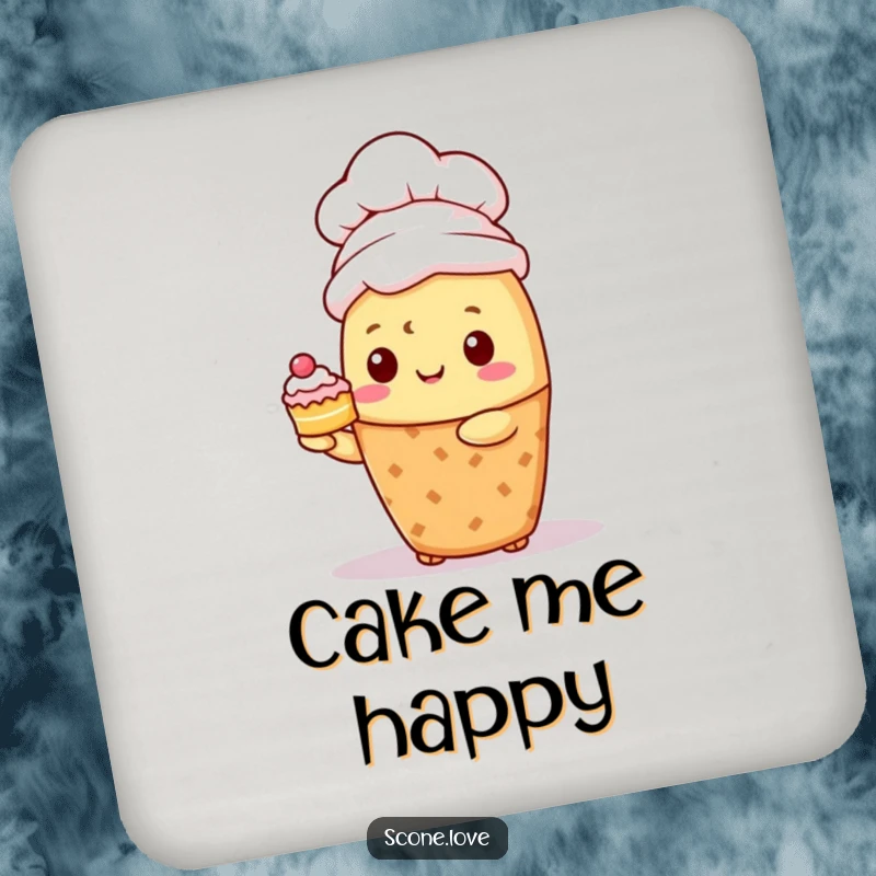 Funny Kawaii Scone Chef Coaster: A scone wearing a chef hat presents a tiny cake, a stylish addition.