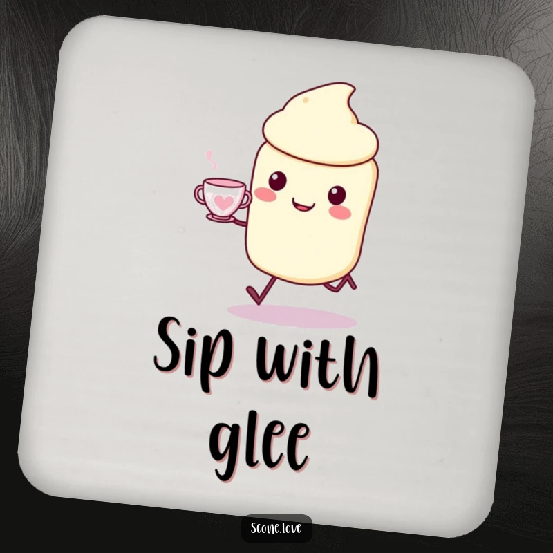 Funny Kawaii Scone Coasters: a cheerful scone skips with a teacup, perfect for funny coaster art.