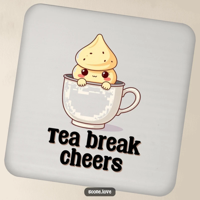 Funny Kawaii Scone Coaster featuring a cute scone character peeking from a giant tea infuser, protecting surfaces humorously.