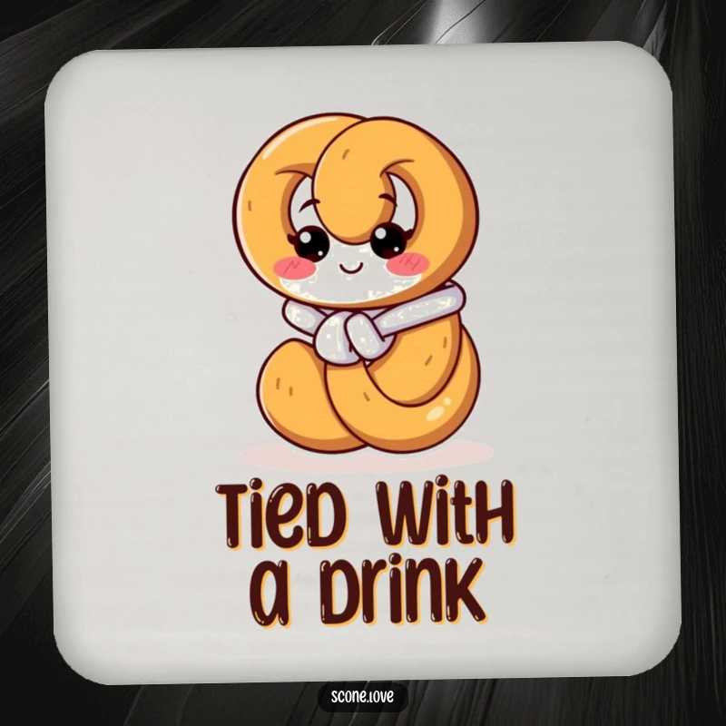 Funny drink coaster featuring a pretzel tying its own knot, offering surface protection with a humorous and resourceful design.