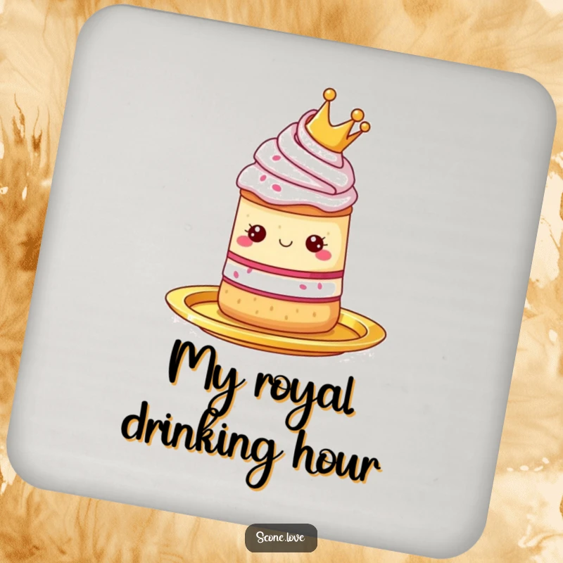 Funny drink coaster with a scone wearing a tiny crown, presented on a golden platter, protecting furniture.
