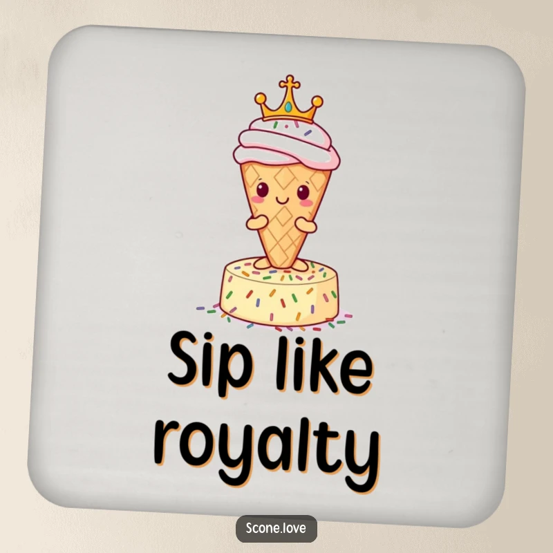 Funny Scone Coaster: A set of coasters featuring a crowned scone on a sprinkle pedestal, protecting tables humorously.