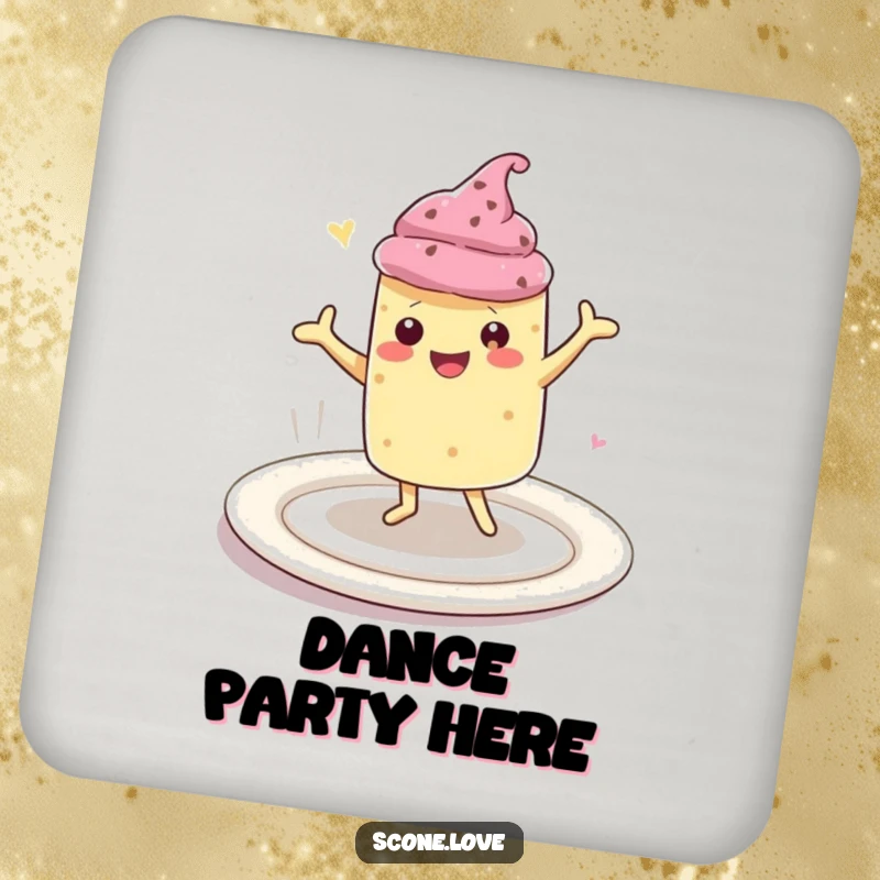 Funny drink coaster with a kawaii scone character doing a happy dance on a large plate, protecting surfaces with a dash of baked goods cheer.