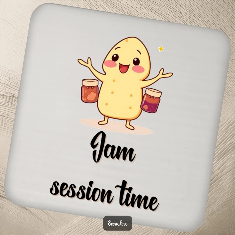 Funny coaster featuring a scone juggling three miniature jam jars, a humorous addition to any table.