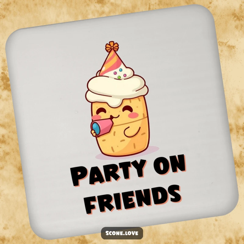 Funny drink coaster with a kawaii scone character in a party hat blowing a noisemaker, protecting surfaces with a dash of baked goods celebration.