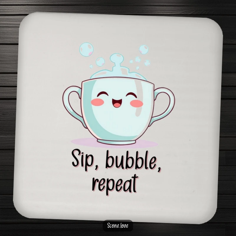 Funny teacup bubble coaster featuring a smiling teacup pouring out bubbles, a decorative and functional item for any surface.
