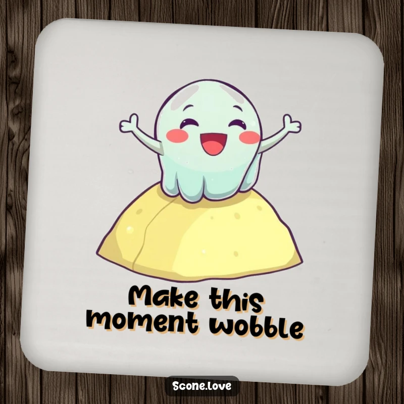 Funny drink coasters featuring a happy wobbly jelly tumbling down a hill, protecting surfaces with playful humor.