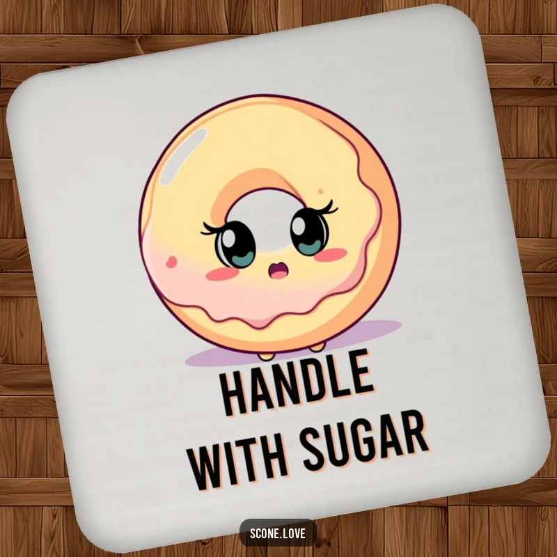 Coaster featuring a funny scone character looking astonished at a giant donut, protecting your surfaces with humor.