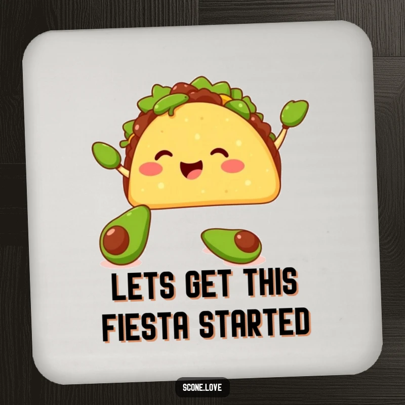 Funny drink coasters featuring a happy taco juggling tiny avocados with its shell, protecting surfaces with festive humor.
