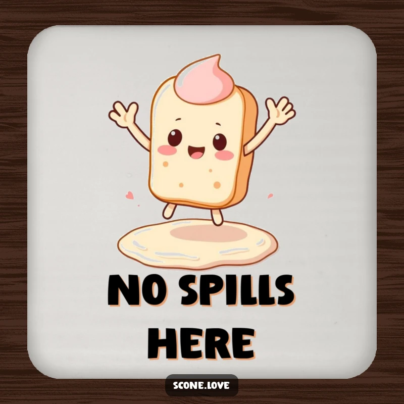 Funny Kawaii Scone Coasters: a scone waves while leaping over a frosting puddle, perfect funny kitchen decor.