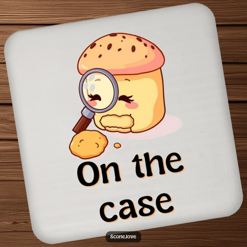 Funny scone coaster featuring a scone character with a magnifying glass, examining a small crumb, adding humorous protection to tabletops.