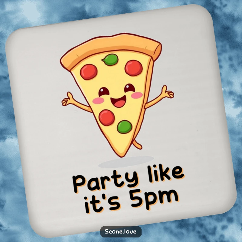 Funny drink coasters featuring a happy pizza slice doing a triumphant dance with its crust, protecting surfaces with humor.