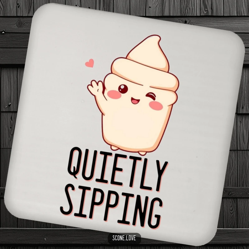 Funny coaster featuring a shy scone character blushing and waving, adding a touch of sweet charm.