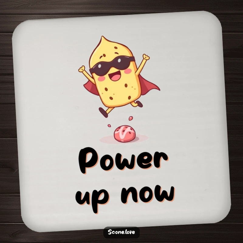 Funny coaster featuring a superhero scone protecting surfaces with its mighty leap, adding charm.
