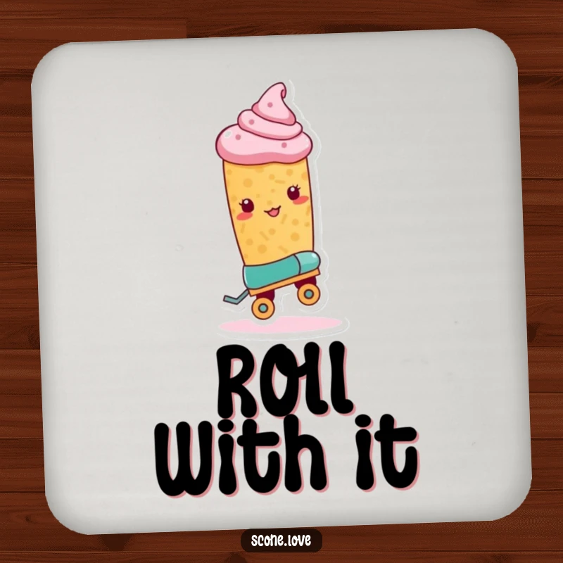 Funny Roller Skate Scone Coaster shows a scone with one roller skate, ready for a trick, offering humorous drink protection.