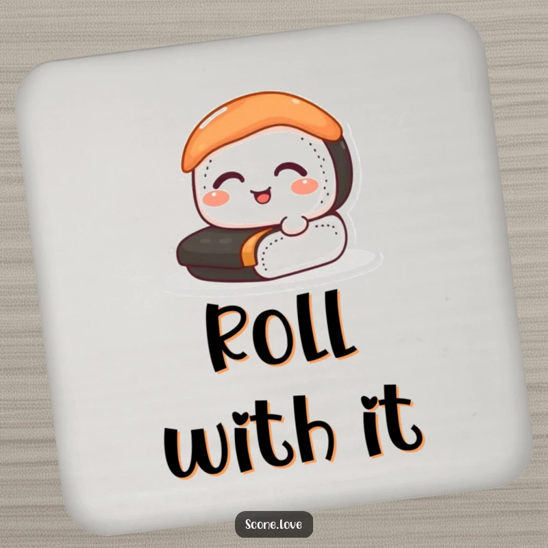 Funny sushi coasters showcasing a delightful happy sushi roll, perfect for protecting tables and adding humor.