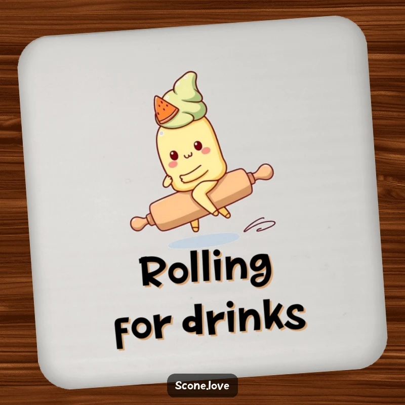 Funny Kawaii Scone Coasters: A cute scone character attempts to ride a runaway rolling pin, offering a humorous and charming table accent.