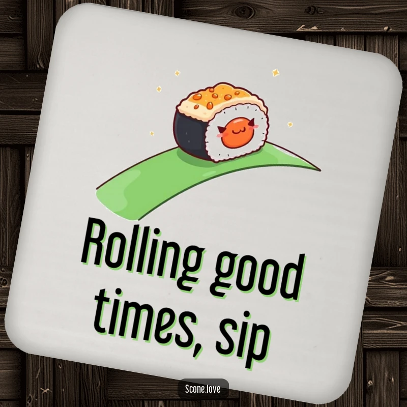 Funny Drink Coasters: A smiling sushi piece rolling downhill, protecting surfaces with a sprinkle of culinary calm.