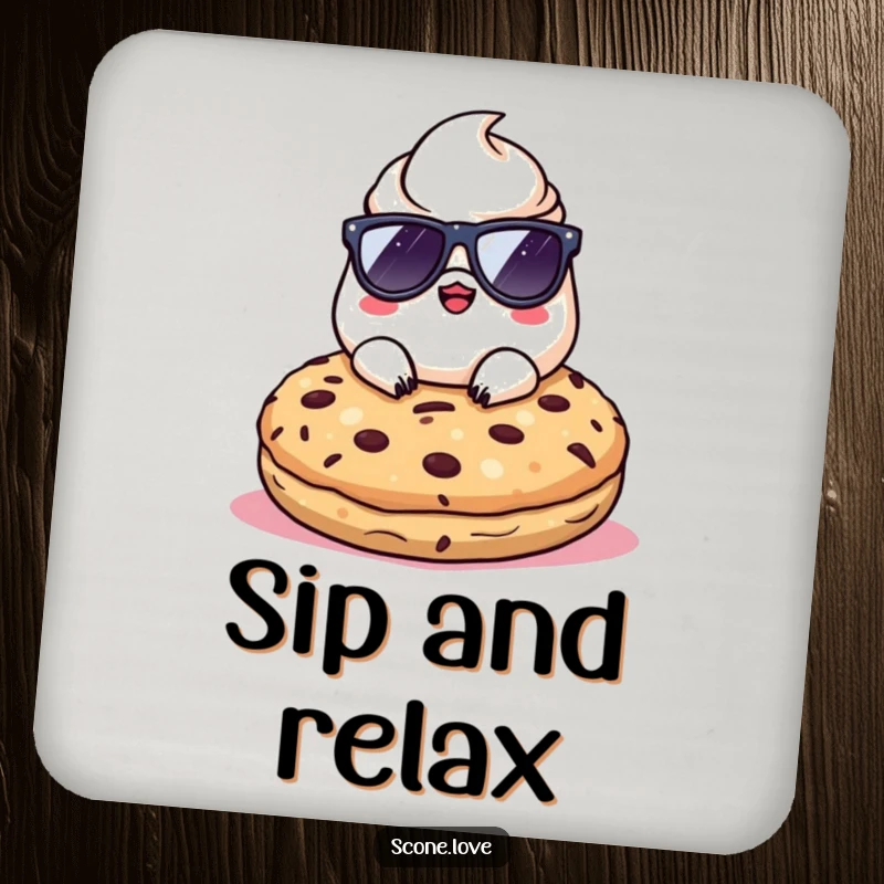 Funny Kawaii Scone wearing sunglasses, chilling on a giant cookie, on a drink coaster for humorous protection.