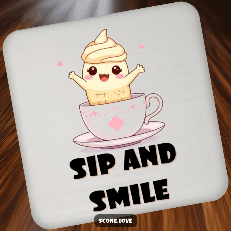 Funny Kawaii Scone Teacup Coaster: A scone leaps with pure delight into a teacup, a charming addition.