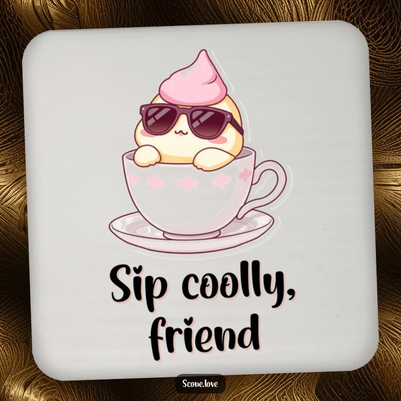 Funny coaster featuring a scone wearing sunglasses, lounging in a teacup, a humorous and stylish addition.