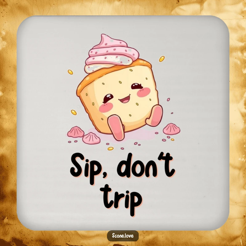Funny scone coaster featuring a scone character comically tripping and scattering icing, offering humorous protection for tabletops.