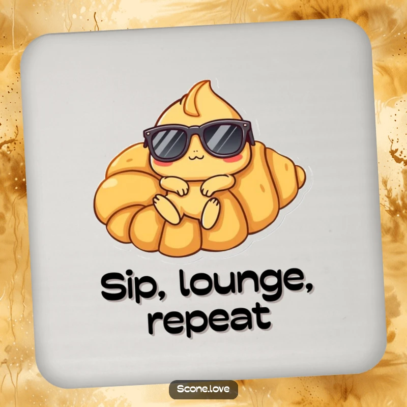 Funny Scone Croissant Coasters: A scone character wearing sunglasses lounges on a giant croissant, offering a humorous and cool table accessory.