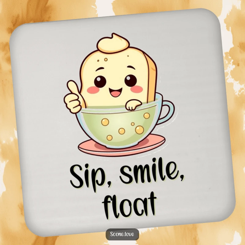Funny Floating Scone Coaster shows a smiling scone giving a thumbs up while floating in tea, offering humorous drink protection.