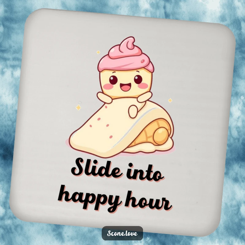 Funny Kawaii Scone with a wide smile, sliding down a frosting slide on a drink coaster for humorous protection.