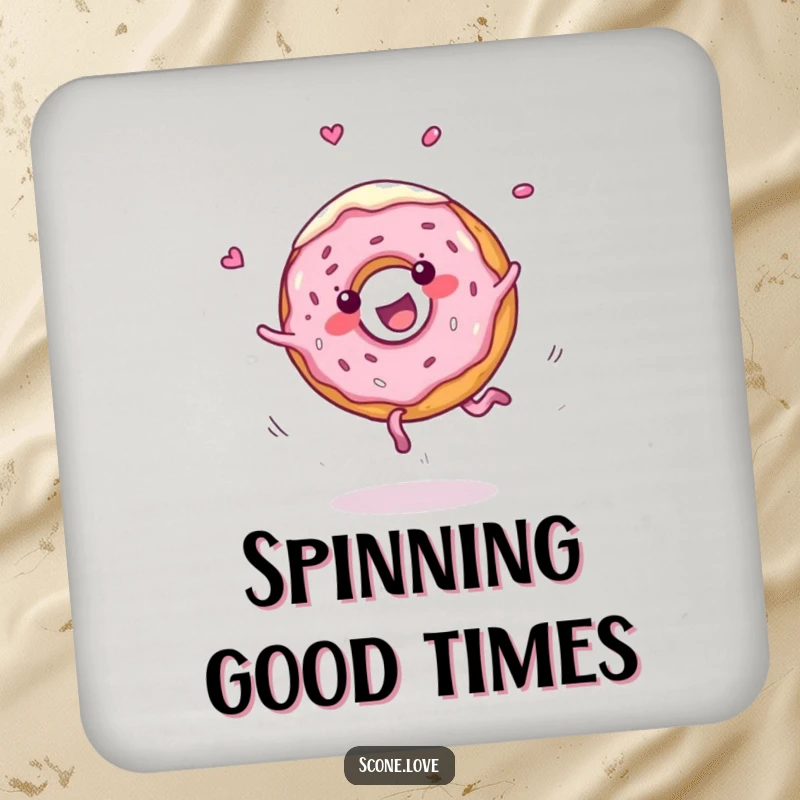 Funny drink coasters show a cheerful donut performing a cartwheel with frosting flying, a humorous and protective addition for any table.