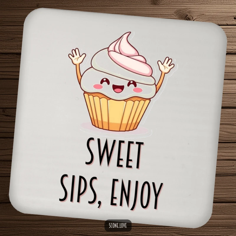 Funny Drink Coasters: A cheerful cupcake with waving arms, protecting surfaces with a sprinkle of sweetness and charm.
