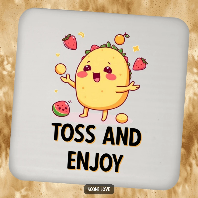 Funny taco coasters showcasing a playful taco juggling fruits, perfect for protecting tables and adding humor.