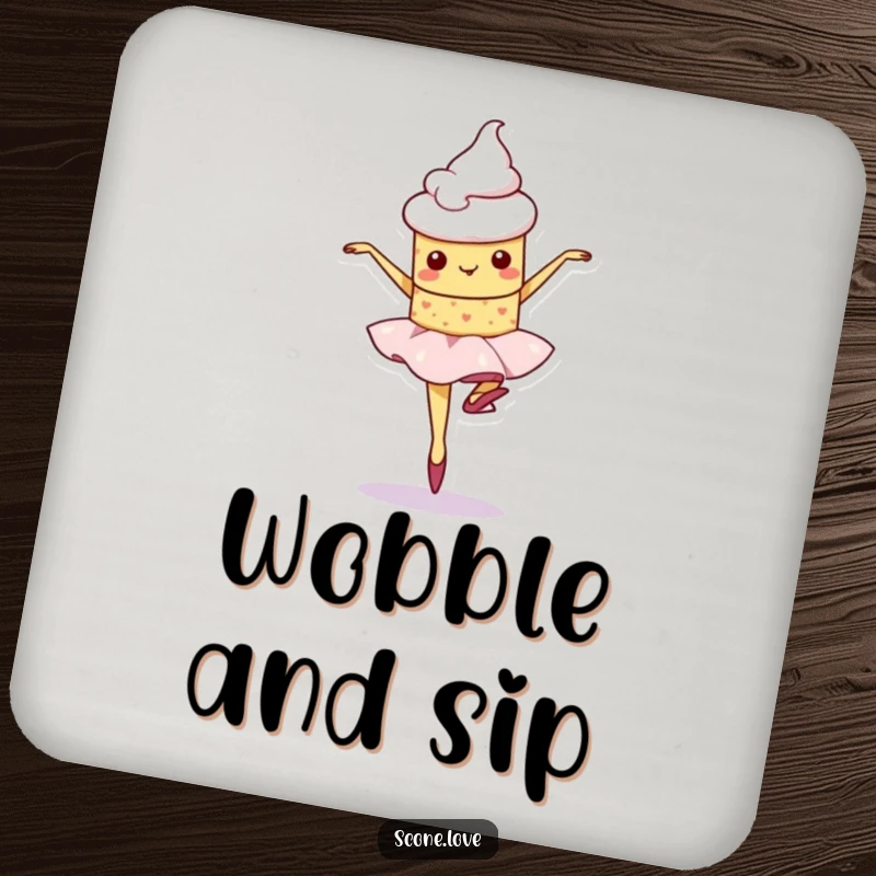 Funny kawaii scone character wobbling during a ballet pirouette, a charming and protective addition to this drink coaster.