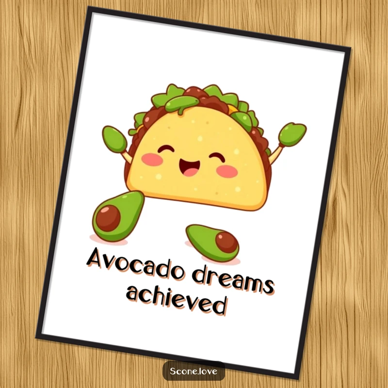Funny poster of a happy taco juggling tiny avocados with its shell, bringing festive Mexican food humor to wall art.