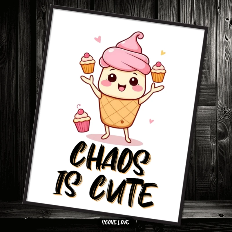 Funny Kawaii Scone Juggling Poster: An energetic scone juggles several small cupcakes with impressive skill.