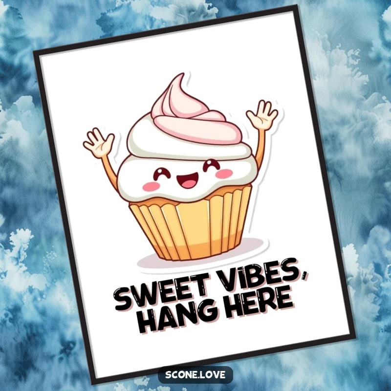 Funny Poster: A cheerful cupcake with tiny arms waving enthusiastically, bringing a smile and a sprinkle of joy to any wall.