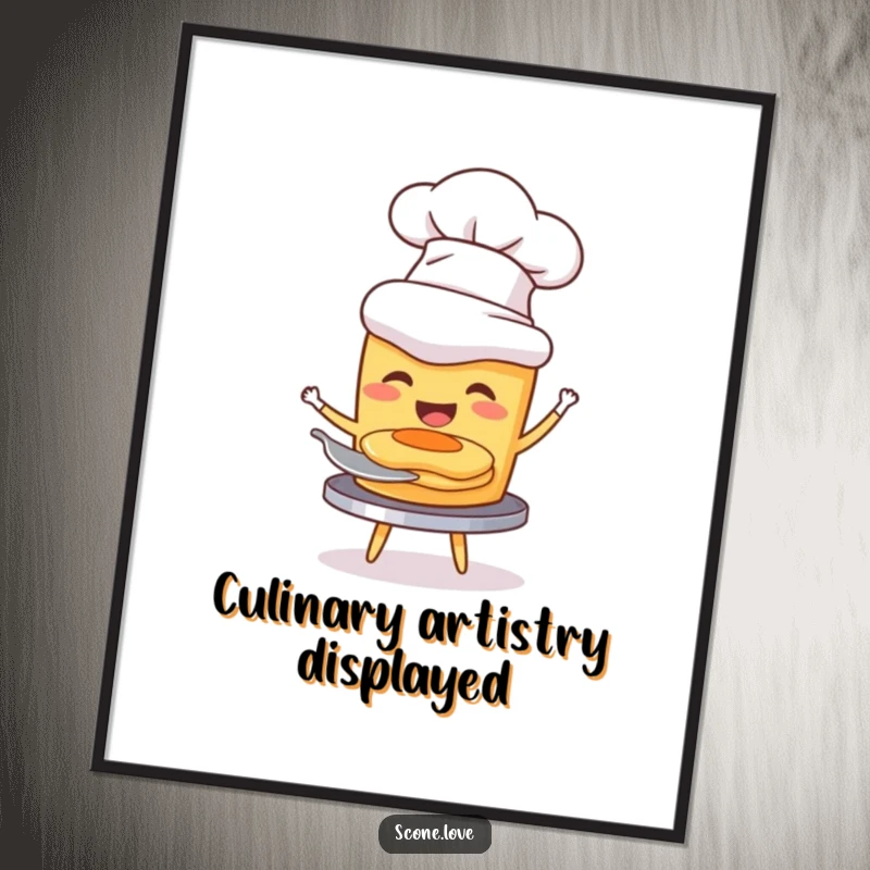 Funny poster of a scone in a chef hat joyfully flipping a small pancake, a celebration of breakfast.